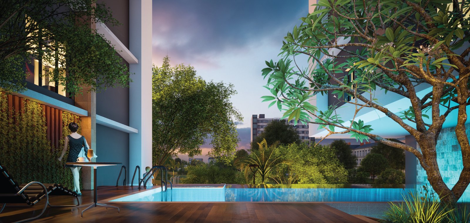 Poolside deck at night